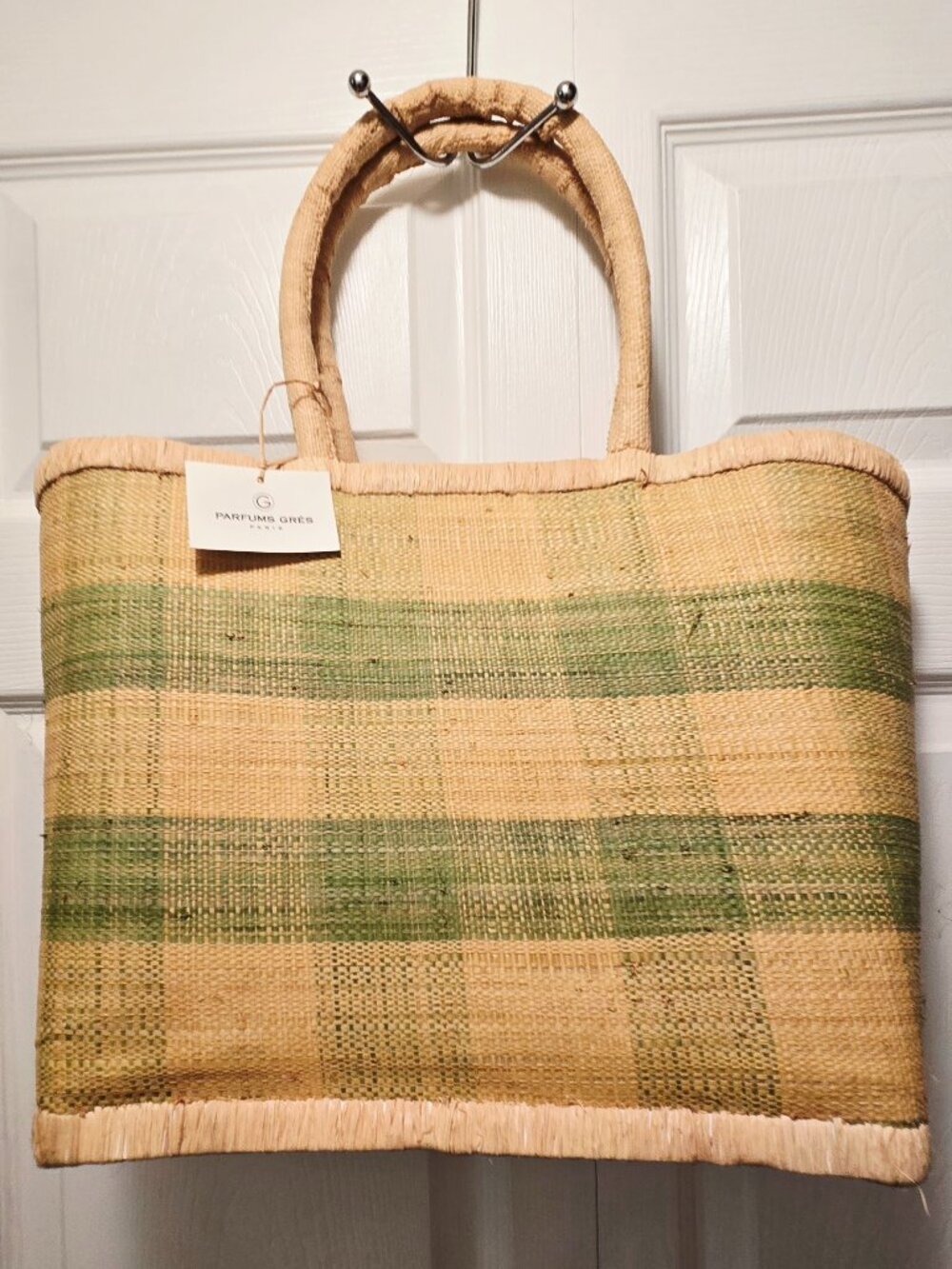 PARFUMS GRES Paris Women's Woven Natural Straw Green/Yellow Plaid/Tartan Print